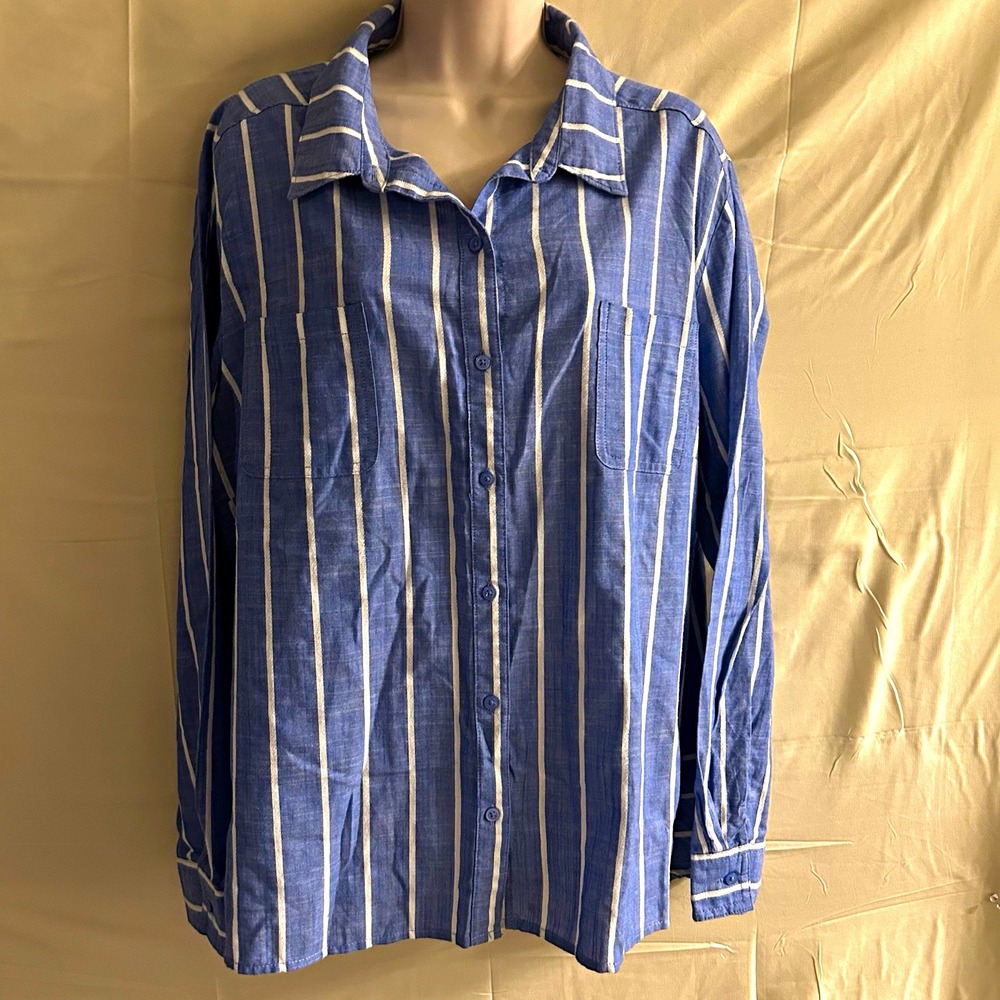 New XXL Riders Blue White Striped Button Front Long Sleeve Shirt #1770*10